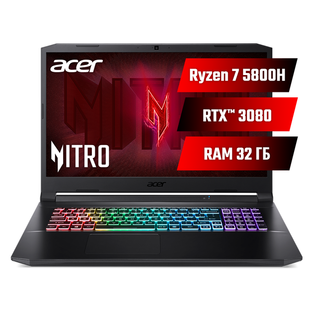 Ноутбук Acer Nitro 5 AN517-41-R3VB (NH.QBHEU.00J) Shale Black / 17.3” IPS Full HD 144 Гц, / AMD Ryzen 7 5800H / RAM 32 ГБ / SSD 1 ТБ / nVidia GeForce RTX 3080, 8 ГБ - изображение 2