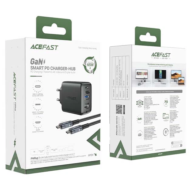 Зарядне мережеве ACEFAST A17 PD60W+QC 3.0 5W 1Type-C 1USB HDMI 4K + кабель Type-C - Type-C Чорний - Фото 2 Зарядне мережеве ACEFAST A17 PD60W+QC 3.0 5W 1Type-C 1USB HDMI 4K + кабель Type-C - Type-C Чорний - изображение 2