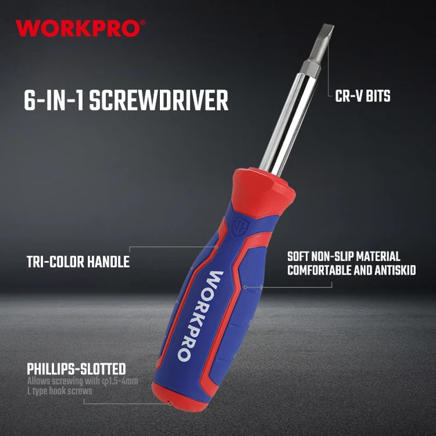 Отвертка 6 в 1 WORKPRO CR-V PRO WP221046 - Фото 2 Отвертка 6 в 1 WORKPRO CR-V PRO WP221046 - изображение 2