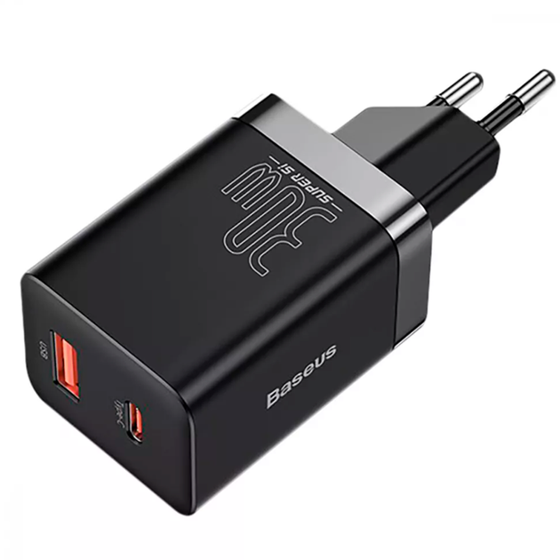 Мережевий зарядний пристрій Baseus Super Si Pro Quick Charger Type-C+USB 30W адаптер зі швидкою зарядкою black - зображення 2