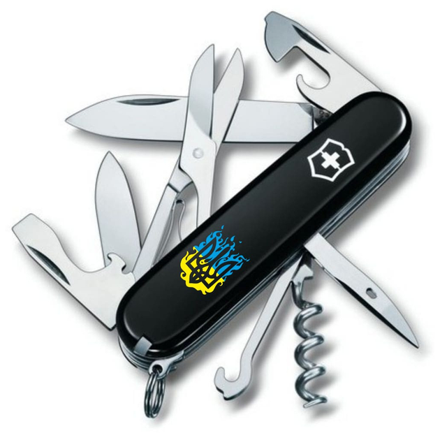 Ніж Victorinox Climber Ukraine Black Вогняний Тризуб (1.3703.3_T0316u) - зображення 1