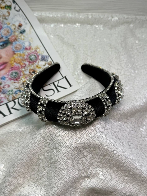 Розкішний обруч для волосся оксамитовий колір чорний усипаний білим прозорим камінням - Фото 2 Розкішний обруч для волосся оксамитовий колір чорний усипаний білим прозорим камінням - изображение 2