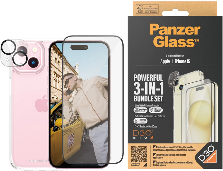 Комплект панель + скло Panzer Glass 3-in-1 Ultra-Wide Fit Protection для Apple iPhone 15 прозорий (B1172+2809) - зображення 2