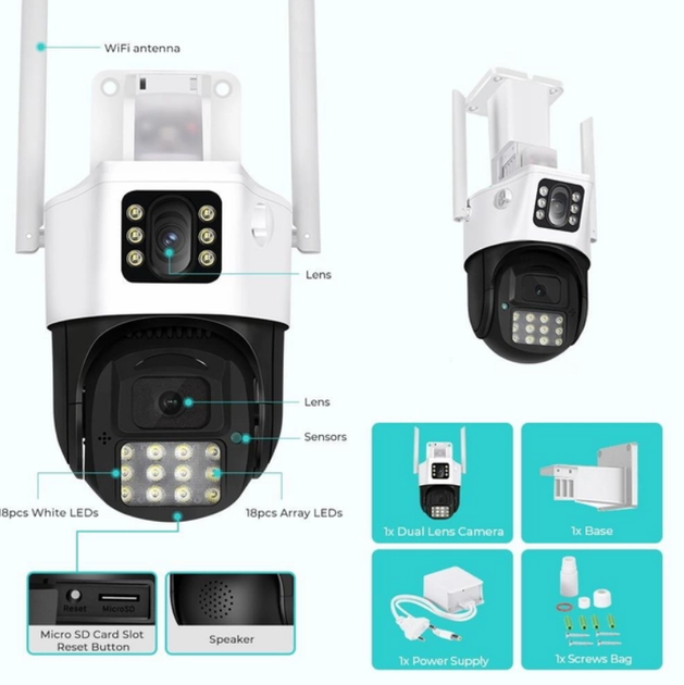 Беспроводная WiFi вай фай камера уличная поворотная 2 камеры 3mp+3mp IP66 полноцветное ночное видение UKC PTZ P12 ICSEE - изображение 4
