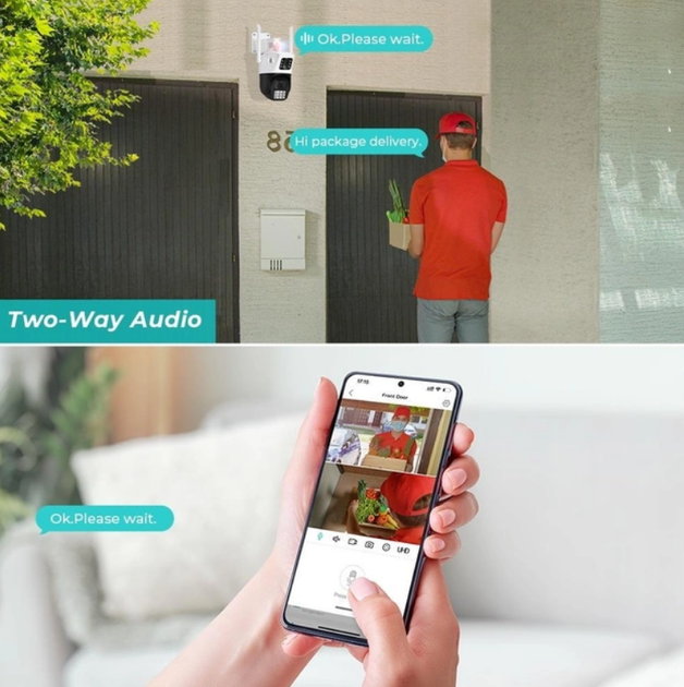 Беспроводная WiFi вай фай камера уличная поворотная 2 камеры 3mp+3mp IP66 полноцветное ночное видение UKC PTZ P12 ICSEE - изображение 7