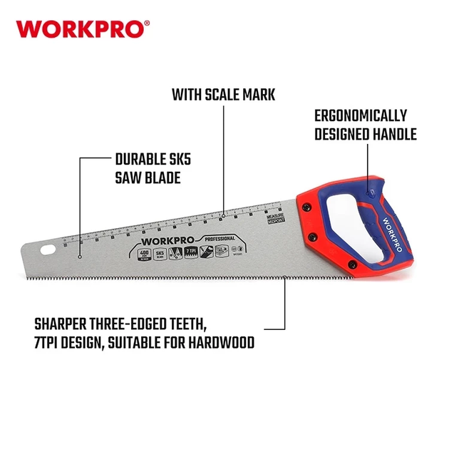 Ножовка по дереву WORKPRO 400 мм 7TPI SK5 PRO WP215005 - изображение 2