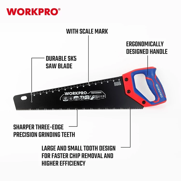 Ножовка по дереву WORKPRO 400 мм 7TPI SK5 тефлоновое покрытие PRO PLUS WP215013 - изображение 2