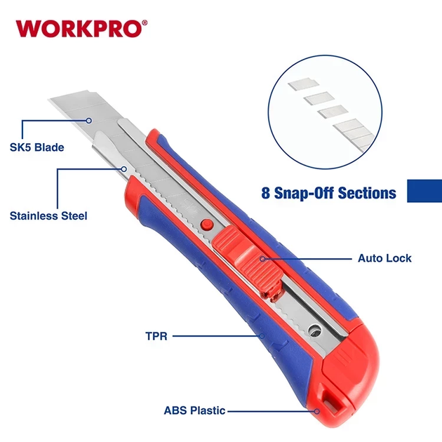 Нож сегментный усиленный WORKPRO 18 мм PRO WP212009 - Фото 4 Нож сегментный усиленный WORKPRO 18 мм PRO WP212009 - изображение 4