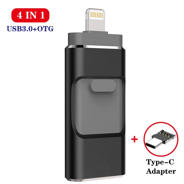 USB Флешка 4в1 512GB Type-C/Micro/Lightning/USB для телефона / компьютера iPhone/Android Черный - Фото 1 USB Флешка 4в1 512GB Type-C/Micro/Lightning/USB для телефона / компьютера iPhone/Android Черный - изображение 1