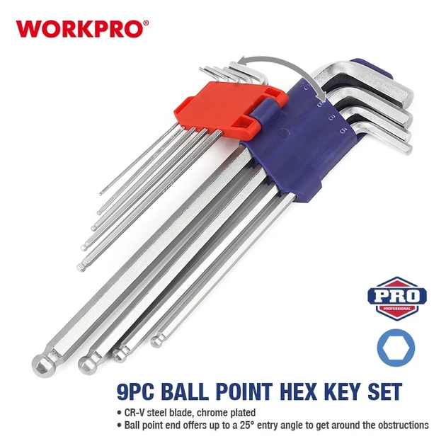 Набор ключей шестигранных метрических с длинным рычагом WORKPRO 9шт. с шариковым окончанием S2 PRO WP222007 - Фото 1 Набор ключей шестигранных метрических с длинным рычагом WORKPRO 9шт. с шариковым окончанием S2 PRO WP222007 - изображение 1