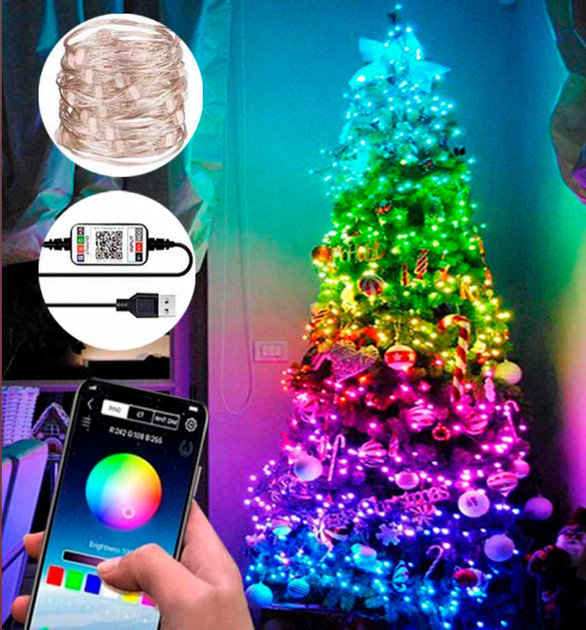 Светодиодная умная гирлянда Smart Роса RGB 200 LED с Bluetooth для елки, настройка каждого диода, от USB, 20м - изображение 3