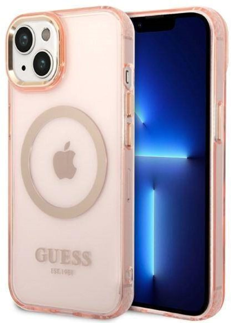 Etui plecki Guess Gold Outline Translucent MagSafe do Apple iPhone 14 Pink (3666339069667) - obraz 1