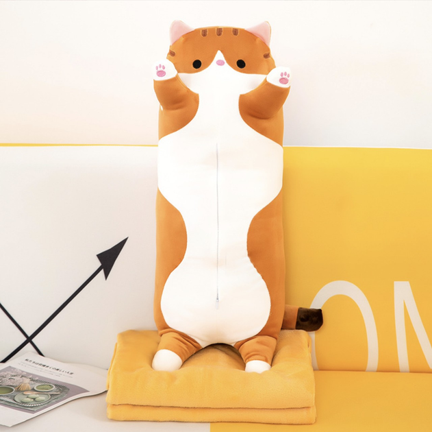 Мягкая игрушка обнимашка Большой Кот Батон Бежевый с Пледом подушка ...