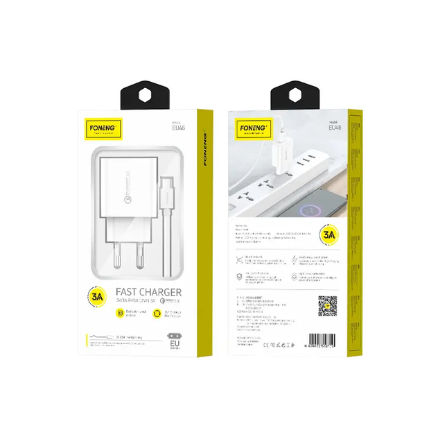 Зарядное устройство Foneng EU46 QC3.0 Charger (Fast 3A) + кабель Lightning - Фото 3 Зарядное устройство Foneng EU46 QC3.0 Charger (Fast 3A) + кабель Lightning - изображение 3