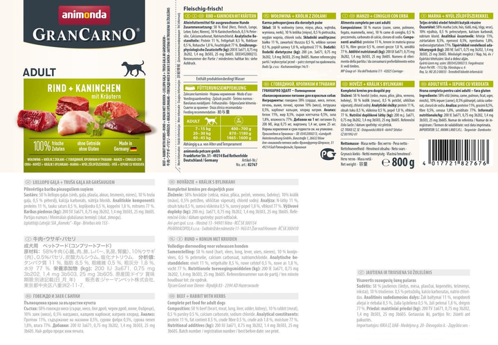Mokra karma dla psów Animonda GranCarno Adult z wołowiną, królikiem i ziołami 800 g (4017721827676) - obraz 2