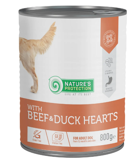 Влажный корм Nature's Protection with Beef & Duck Hearts с говядиной и утиным сердцем для взрослых собак, 800 г - Фото 1 Влажный корм Nature's Protection with Beef & Duck Hearts с говядиной и утиным сердцем для взрослых собак, 800 г - изображение 1