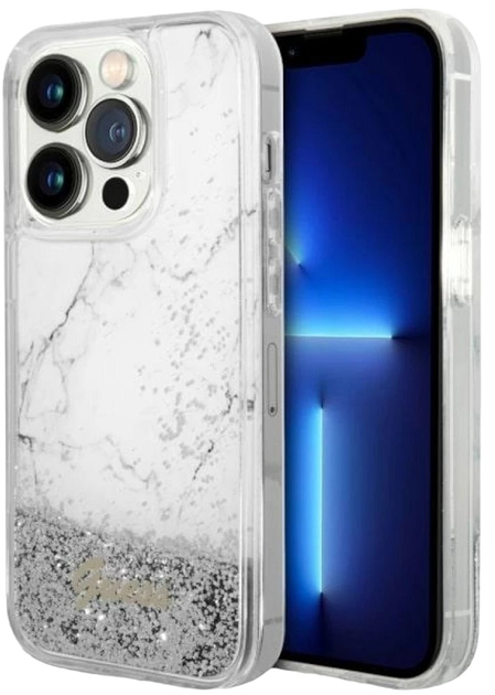 Etui plecki Guess Liquid Glitter Marble do Apple iPhone 14 Pro White (3666339127329) - obraz 1