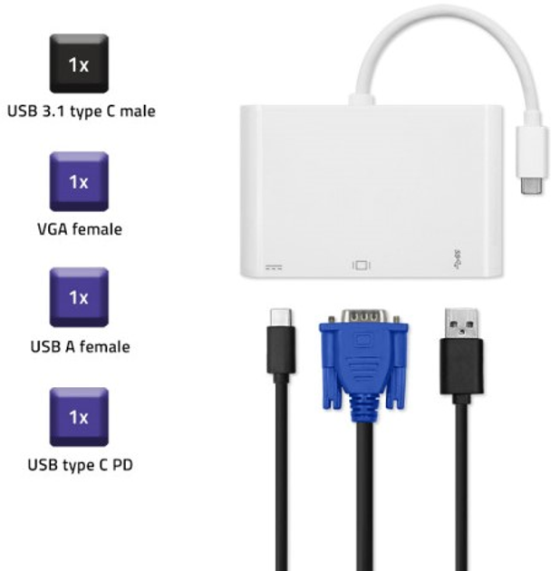 Адаптер Qoltec USB-Typ C - VGA/USB A/USB-Typ C PD 0.19 m білий (5901878504261) - зображення 2