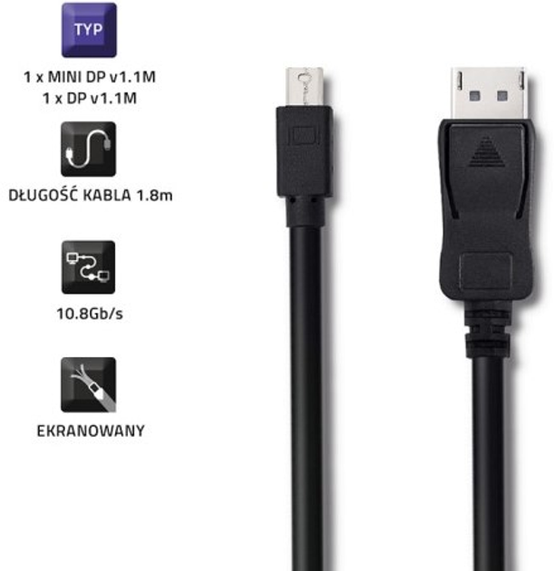 Kabel Qoltec Mini DisplayPort - DisplayPort 4K 1.8 m czarny (5901878504346) - obraz 2