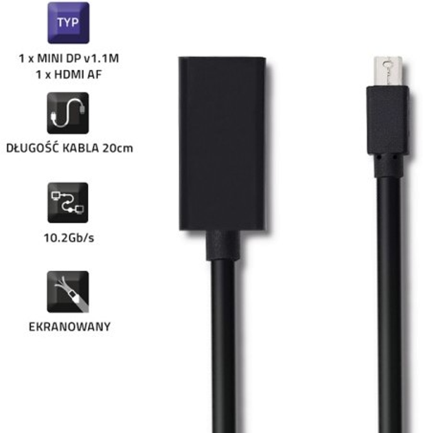 Адаптер Qoltec Mini DisplayPort - HDMI A 4K 0.2 m чорний (5901878504322) - зображення 2