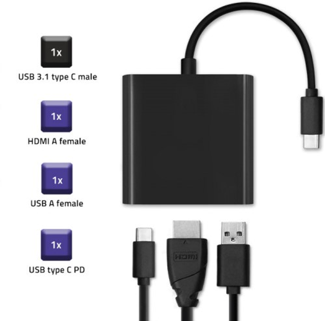 Adapter Qoltec USB Typ-C - HDMI A/USB Typ A/USB Typ-C 3 w 1 PD 0.2 m czarny (5901878504308) - obraz 2