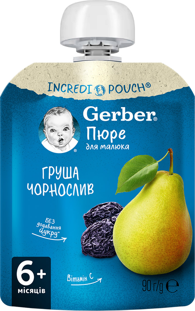 Упаковка фруктового пюре Gerber Груша и чернослив с 6 месяцев 90 г х 16 шт (07613036346382) 