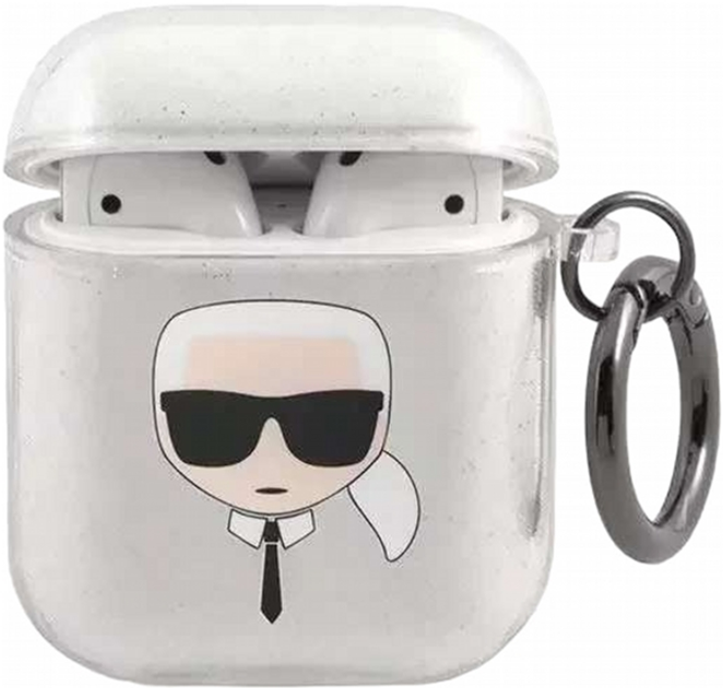 Чохол CG Mobile Karl Lagerfeld Glitter Karl`s Head для AirPods 1 / 2 Silver (3666339030285) - зображення 1