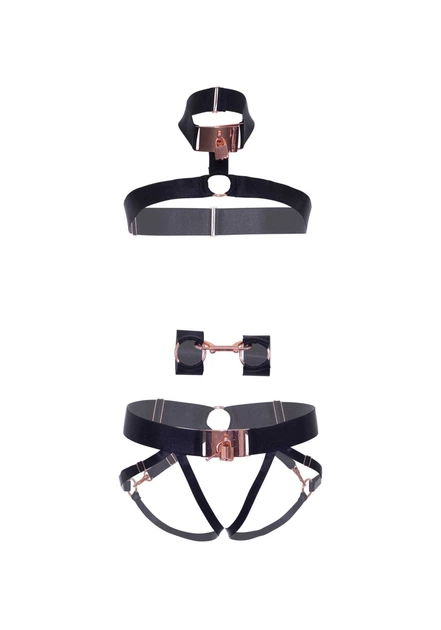 Комплект из атласных ремней для бондажа с наручниками Leg Avenue Satin elastic harness Set One size Черный - изображение 6