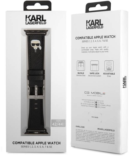 Pasek Karl Lagerfeld Saffiano Karl Heads KLAWLOKHK do Apple Watch Series 4/5/6/7 42-45 mm Czarny (3666339033729) - obraz 2