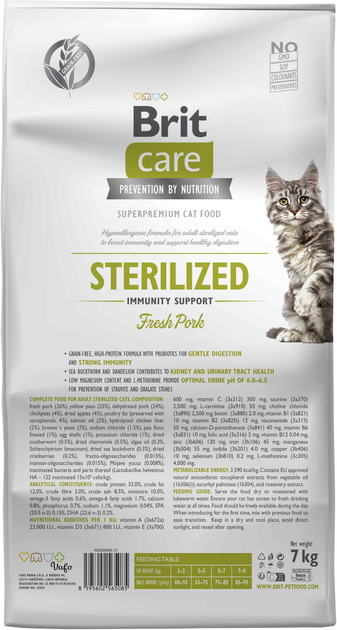 Sucha karma dla kotów sterylizowanych Brit Care Cat GF Sterilised Wsparcie odporności z wieprzowiną 7 kg (8595602565085) - obraz 2