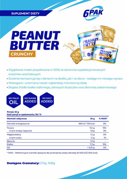 Masło orzechowe 6PAK Nutrition Peanut Butter Crunchy 908 g (5902811801584) - obraz 2