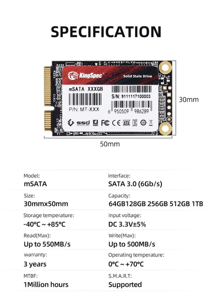 SSD mSata 1Tb KingSpec MT- 1Тб - зображення 2