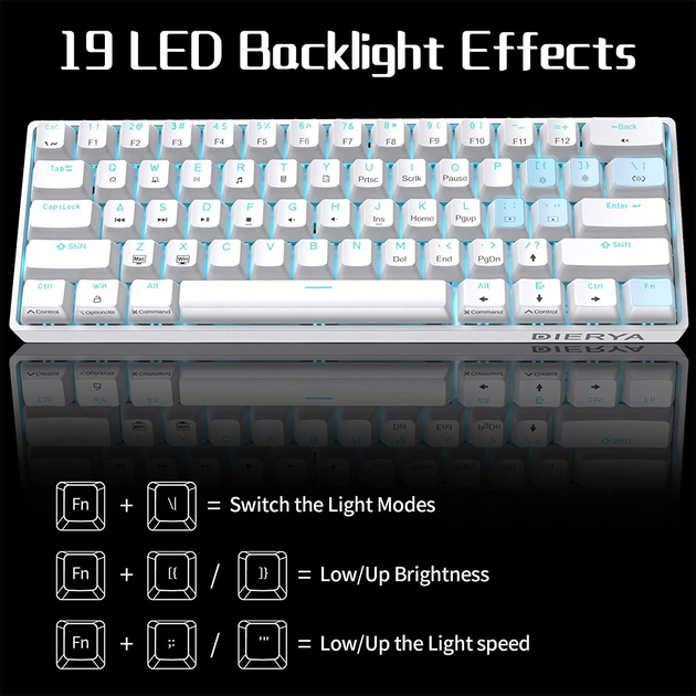 Механическая игровая клавиатура Dierya 60% с переключателями Clicky, Type-C, 61 клавиша (раскладка ENG-UA, QWERTY, Brown Switch) белый - изображение 4