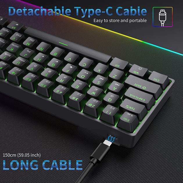 Механическая игровая клавиатура Dierya 60% с механическими переключателями Clicky, Type-C, 61 клавиша (раскладка США, QWERTY, Red switch) черный - изображение 7