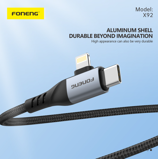 Кабель Foneng X92 1M 4-in-1 (60W) USB Type-C/USB Type A to Apple Lightning/USB Type C - изображение 4