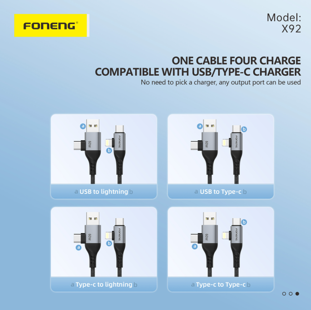 Кабель Foneng X92 1M 4-in-1 (60W) USB Type-C/USB Type A to Apple Lightning/USB Type C - изображение 5