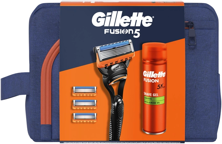 Zestaw kosmetyków do golenia Gillette Fusion Maszynka do golenia + 4 wymienne ostrza + Żel do golenia 200 ml + kosmetyczka (8700216075510) - obraz 2