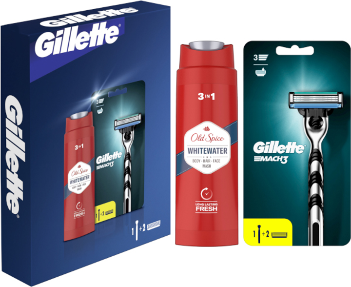 Подарунковий набір Gillette Mach3 Чоловіча бритва + 2 змінні леза + Гель для душу Old Spice 3 в 1 Whitewater 250 мл (8700216221047) - зображення 1