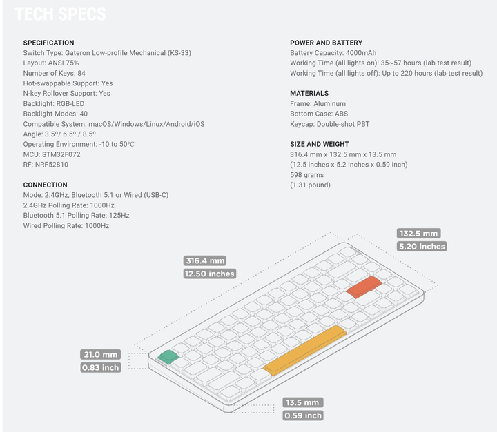 Беспроводная механическая клавиатура NuPhy Air75 V2 / Gateron Low-profile Red 2.0 / Color - Ionic White / Hot-Swappable, RGB, ANSI US - изображение 12