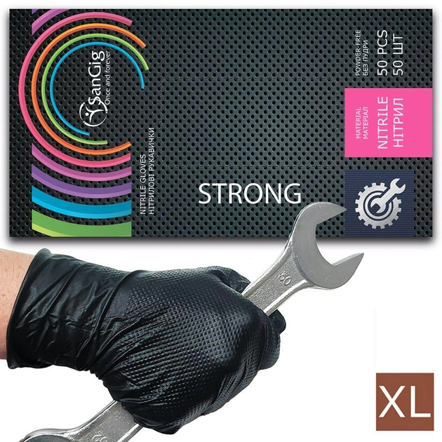 Супер міцні рукавички нітрилові SanGig STRONG, щільність 9 г. - чорні (50 шт) XL (9-10) - зображення 1