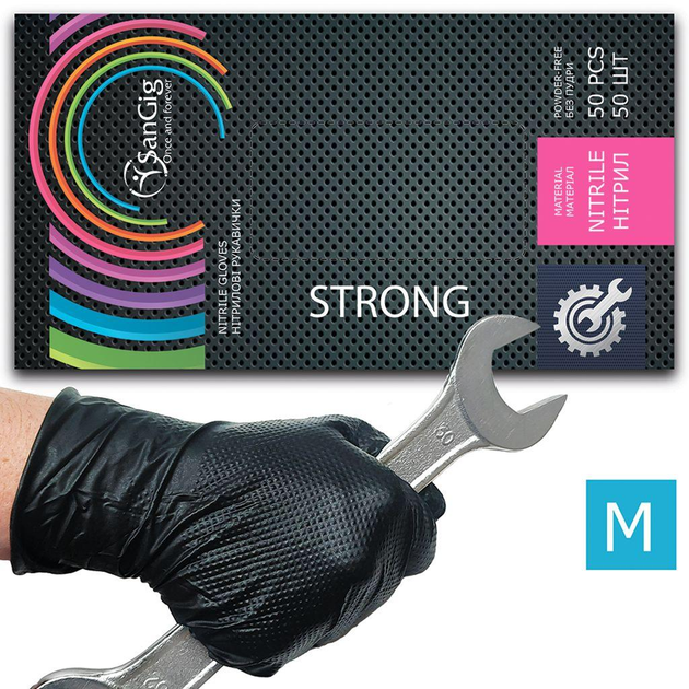 Супер міцні рукавички нітрилові SanGig STRONG, щільність 9 г. - чорні (50 шт) M (7-8) - зображення 1
