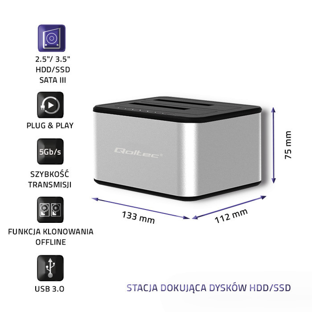 Док-станція Qoltec для 2x HDD/SSD 2.5/3.5 SATA USB 3.0 50316 (5901878503165) - зображення 5