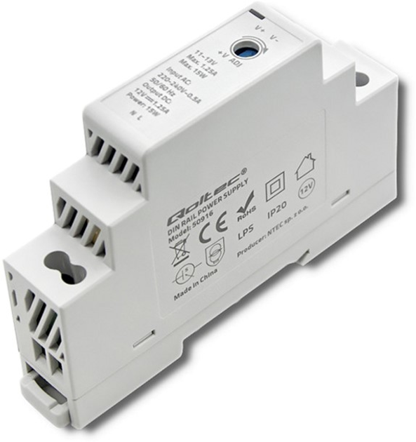 Zasilacz Qoltec na szynę DIN 15 W, 12 V, 1,25 A Szary (50916) (5901878509167) - obraz 1