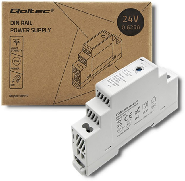 Zasilacz Qoltec na szynę DIN 15 W, 24 V, 0,625 A Szary (50917) (5901878509174) - obraz 4
