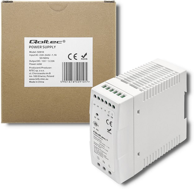 Zasilacz Qoltec na szynę DIN 40 W, 12 V, 3,33 A, Slim White (50910) (5901878509105) - obraz 3