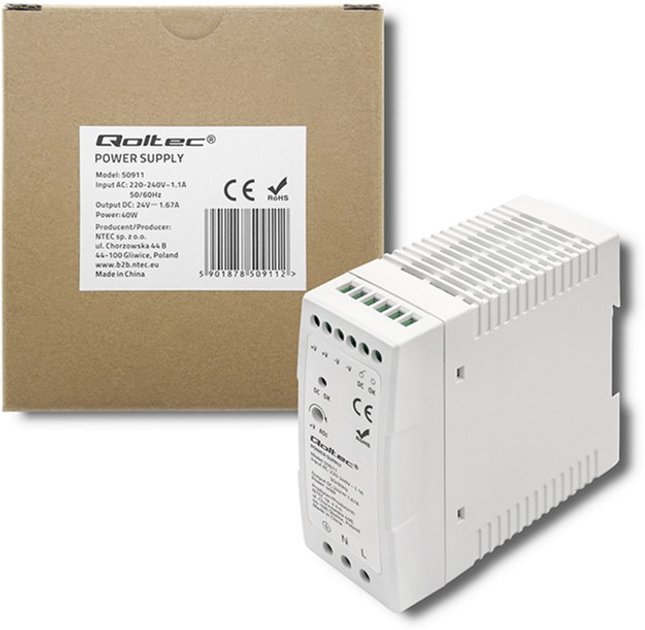 Zasilacz Qoltec na szynę DIN 40 W, 24 V, 1,67 A, Slim White (50911) (5901878509112) - obraz 3