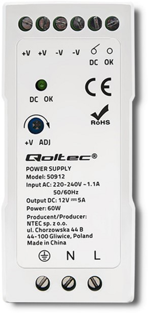 Блок живлення на DIN-рейку Qoltec 60 Вт, 12 В, 5A, Slim Білий (50912) (5901878509129) - зображення 2