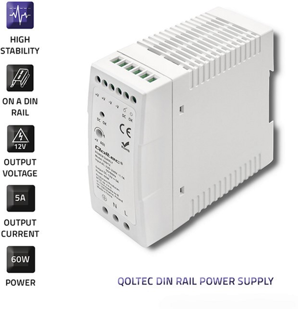Блок живлення на DIN-рейку Qoltec 60 Вт, 12 В, 5A, Slim Білий (50912) (5901878509129) - зображення 5