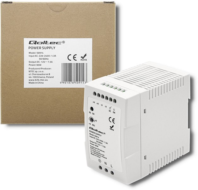 Zasilacz Qoltec na szynę DIN 90 W, 12 V, 7,5 A, Slim White (50914) (5901878509143) - obraz 2