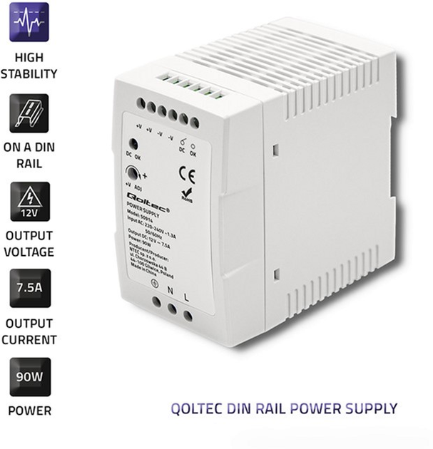 Zasilacz Qoltec na szynę DIN 90 W, 12 V, 7,5 A, Slim White (50914) (5901878509143) - obraz 4